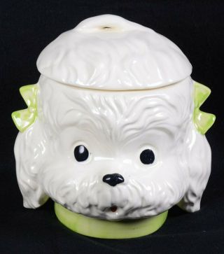 Vintage White Poodle Head Cookie Jar W/ Green Bows & Collar 7 " H X 8.  5 " W