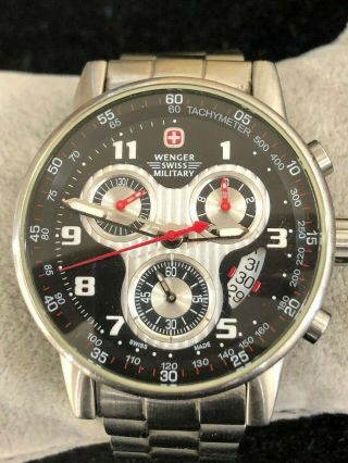 Vintage Wenger Swiss Military Chronograph Watch Black Silver Dial Luminous Hand