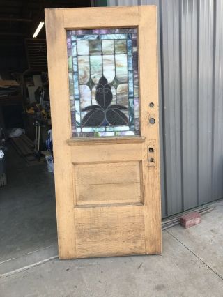 An 617 Antique Stripped Oak Stained Glass Entry Door 36 X 83.  5 X 1.  75