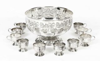 Vintage Viners Of Sheffield Punch Bowl Set With 12 Cups Mid 20th Century