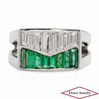 Antique Deco Diamond Emerald Platinum Cluster Rectangular Band Ring 6.  4 Grams Nr