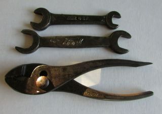 Two Antique Vintage Ford Script Wrenches And One Pair Ford Script Pliers,  Usa