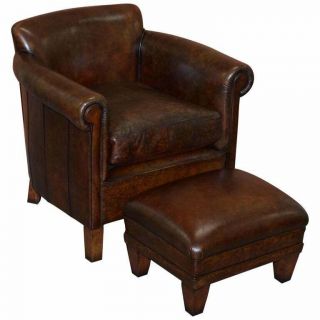 Hand Dyed Vintage Finish Tetrad Camford Brown Leather Armchair & Footstool