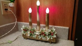 Vintage Christmas Yule Log Candelabra 3 Candles With Bulbs.  In.