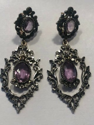 Antique Georgian Earrings Gold Silver Amethyst Early Victorian French Or English