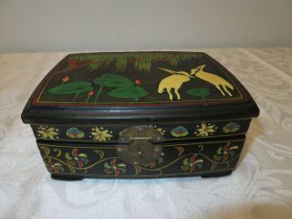 Vintage Black Lacquer Hand Painted Pelican Chinese Oriental Jewelry Box
