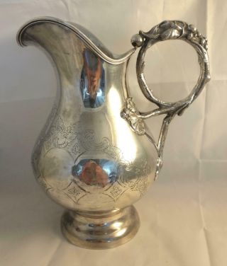 Baldwin 1840s American Coin Silver Water Pitcher W/ Chased Design & Grape Handle