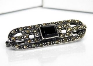 Antique Vintage Art Deco Sterling Silver Marcasite Onyx Brooch Pin