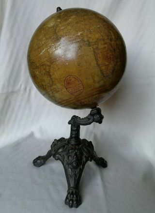 Antique Lebegue Et Cie Paris 7 " World Globe On Cast Iron Tripod Stand C1880