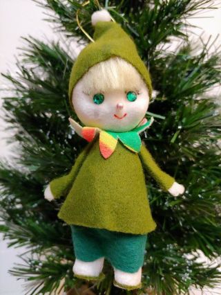Vintage Flocked/felt Pixie Kid Christmas Ornament Green Rhinestone Eyes Japan