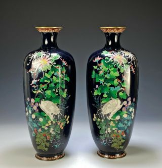 Large Mirror Antique Japanese Cloisonne Vases With Cranes And Flowers