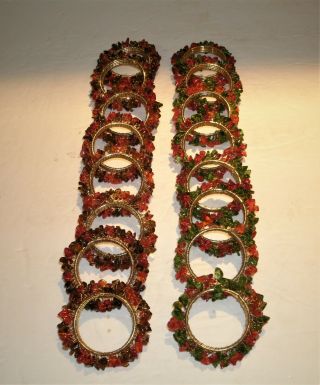 Vtg 16 Christmas Glass And Brass Beaded Napkin Rings 8 Green - Red & 8 Red - Brown