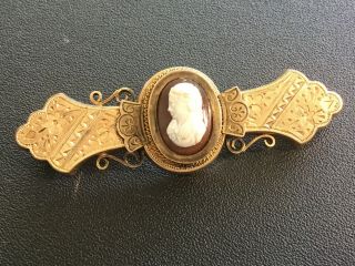 Antique Victorian Gold Filled Hard Stone Cameo Bar Pin Etched Flowers