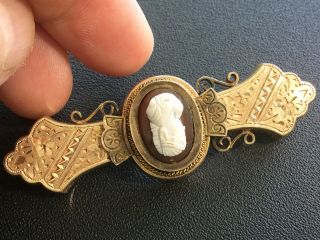 Antique Victorian Gold Filled Hard Stone Cameo Bar Pin Etched Flowers 3