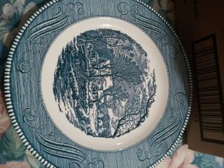 4 Rare Vintage 9” Luncheon Plates Currier And & Ives Royal China Blue