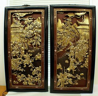 Pair (set) Of Antique Chinese Wooden & Gold Han Carved Temple Panels Bas - Relief.
