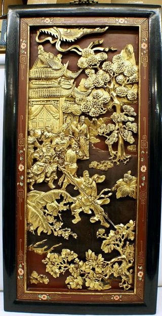 Pair (Set) of Antique Chinese Wooden & Gold Han Carved Temple Panels Bas - Relief. 3