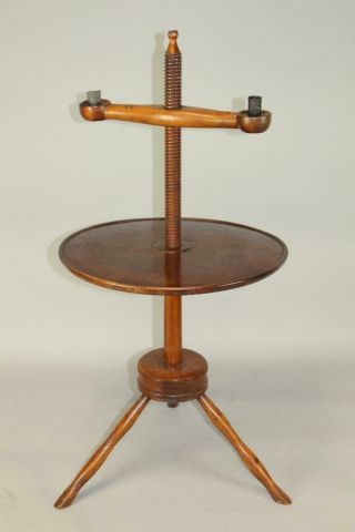 A Great 18th C American Floor Screw Top Adjustable Wooden Double Candle Holder