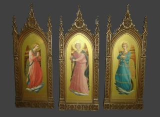 Antique Renaissance Set Of 3 After Fra Angelico Praying Angels In Gothic Frames.
