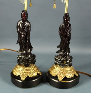 2 Antique Chinese Faux Cherry Amber Bakelite Guanyin,  Scholar Figural Lamps