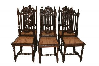 Set Of Six Antique French Hunt Dining Chairs,  Cane Seats,  19th Century