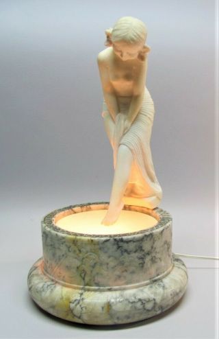 Gorgeous Art Nouveau Carved Alabaster Lamp W/ Nude In Fountain C.  1920 Antique