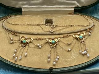 Antique Art Nouveau 9ct Gold Turquoise Pearl Necklace C.  1895 Exquisite Vgc