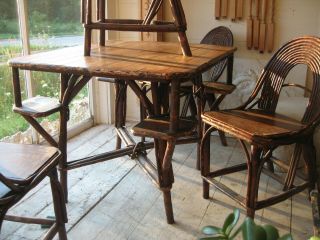 Vintage Adirondack Hickory & Willow Pub Table With 4 Chairs Tavern Game Table