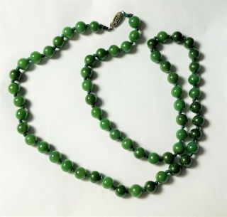 Vintage Green Jade ? Bead Necklace With Sterling Clasp 24 Inches Long