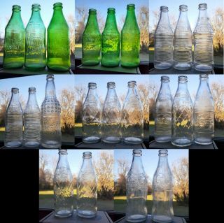22 Vintage Embossed Soda Bottles Mountain Dew,  Coke,  Fanta,  Pepsi,  Sprite Barq 