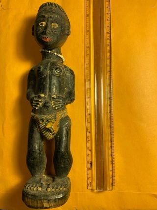 Vintage African Hand Carved Wood Figure 1 Man Tribal W/ And Beads
