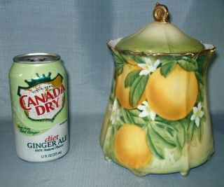 Vintage Ceramic Pt Bavaria Footed Hand Painted Green Lemon Motif Biscuit Jar