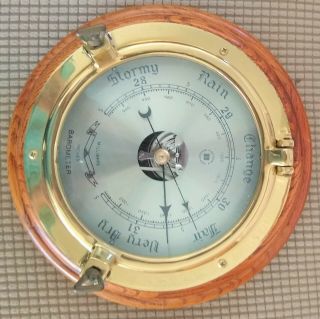 Vintage Bey - Berk Porthole Barometer Nautical Wood And Brass Marine Decor 10 "