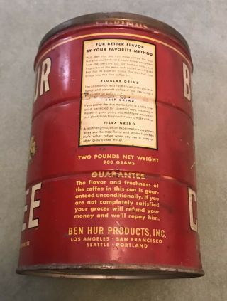 Vintage Ben Hur Coffee Tin,  Ben - Hur Products Inc,  2 Pound Net Weight 2