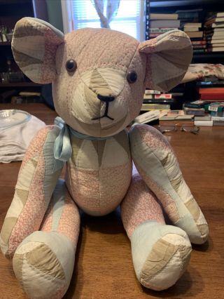 Vintage Handmade Quilt Teddy Bear Has Hand Written Tag Moving Arms & Legs
