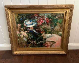Vintage Framed Oil Painting On Canvas " Woman And Flowers " Signed - Benjamin Evc