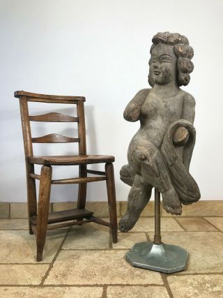 Vintage Antique Large Hand Carved Wooden Figure Cherub Putti On Metal Stand