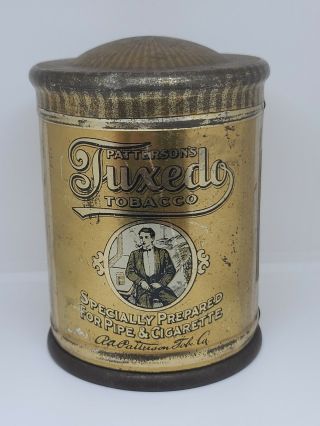Extremely Rare 1910s " Tuxedo " Litho Dome Top Cylindrical 8oz Tobacco Tin