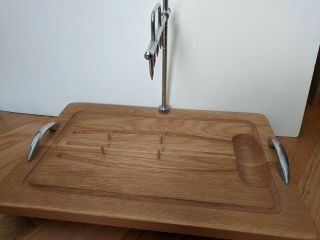 Vintage Meat Wood Carving Board With Spikes And Adjustable Metal Holding Arm