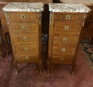 Pr.  French Louis Xv Inlaid End Table Lingerie Chest Nightstand Satinwood Marble