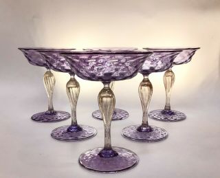 Antique Murano Salviati Quilted Lilac And Aventurine Glass Champagne Glasses