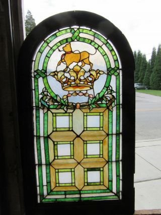 Antique American Stained Glass Window Lion 23 X 40 Architectural Salvage