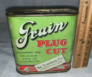 Antique Grain Plug Cut Vertical Pocket Tobacco Tin Litho Can Surbrug Pipe Smoke