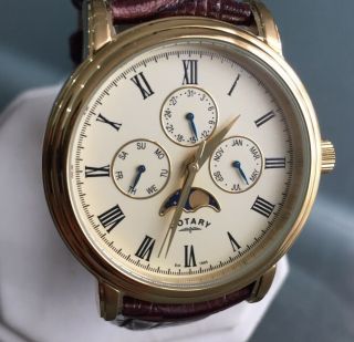 Men ' s Rotary Moonphase Watch Gold Brown Leather Date Champagne GS00124 2