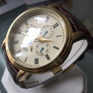 Men ' s Rotary Moonphase Watch Gold Brown Leather Date Champagne GS00124 3
