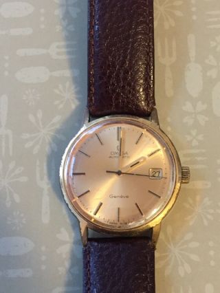Vintage Gents Omega Geneve Gold Plate Automatic Watch With Leather Strap