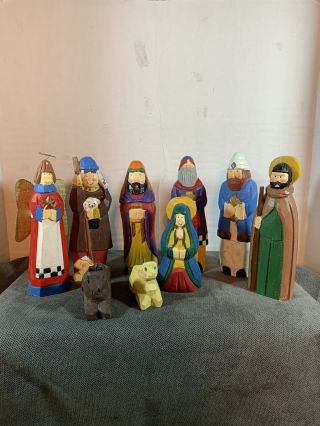 Vintage 9 Pc Wood Carved Nativity Set Christmas Decor Hand Painted