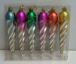 Vintage Plastic Swirl Christmas Decorations / Ornaments X 6 Boxed