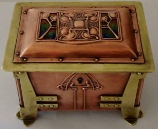 Copper/brass/enamel Arts & Crafts Box: Liberty & Co,  Archibald Knox,  Ae Jones
