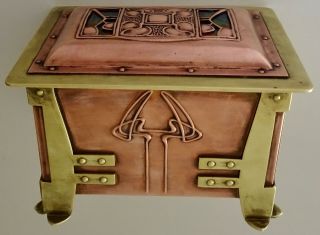 Copper/Brass/Enamel Arts & Crafts Box: Liberty & Co,  Archibald Knox,  AE Jones 2